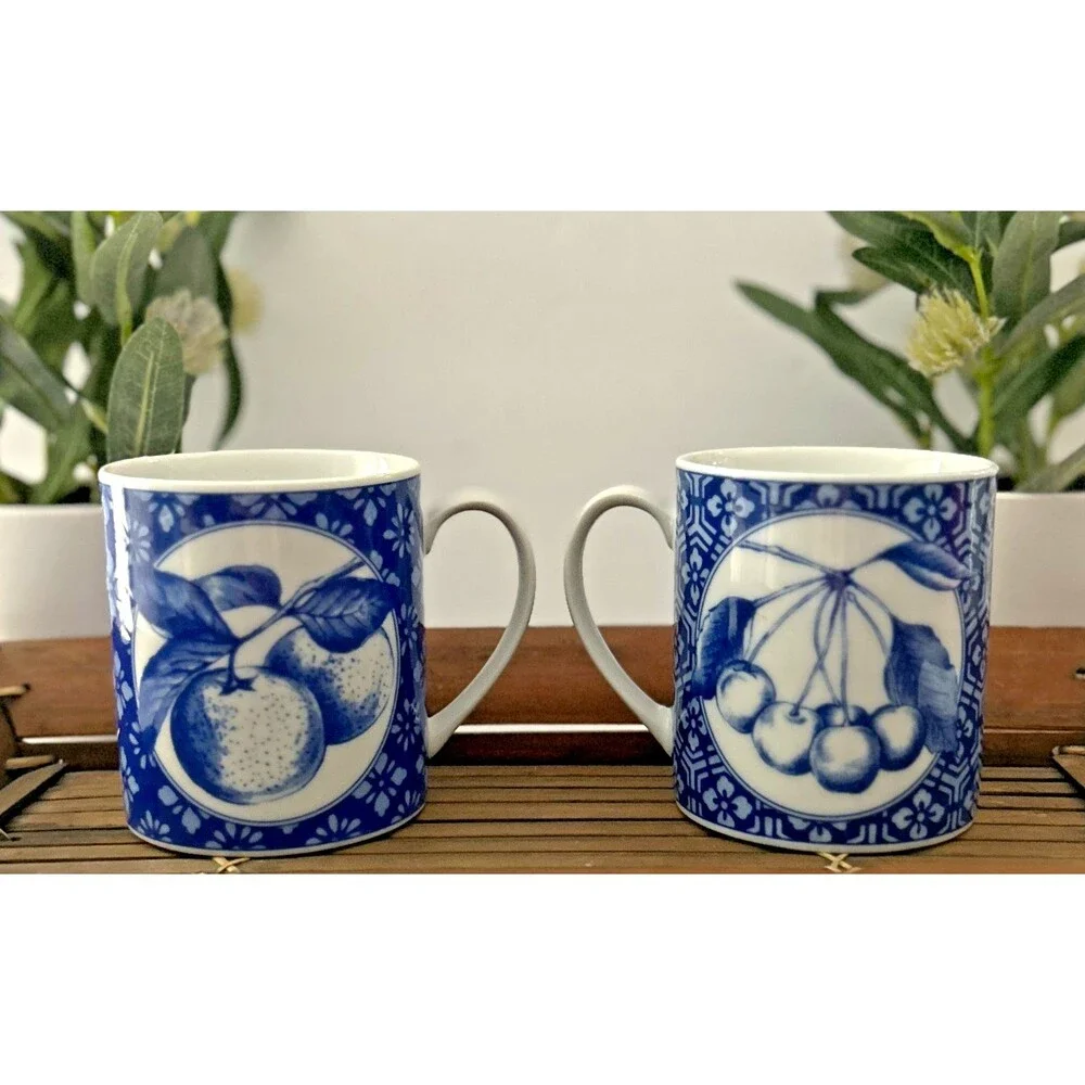 Pier 1 Cobalt Blue and White Fruit Design Cherries & Oranges Coffee Mugs EC